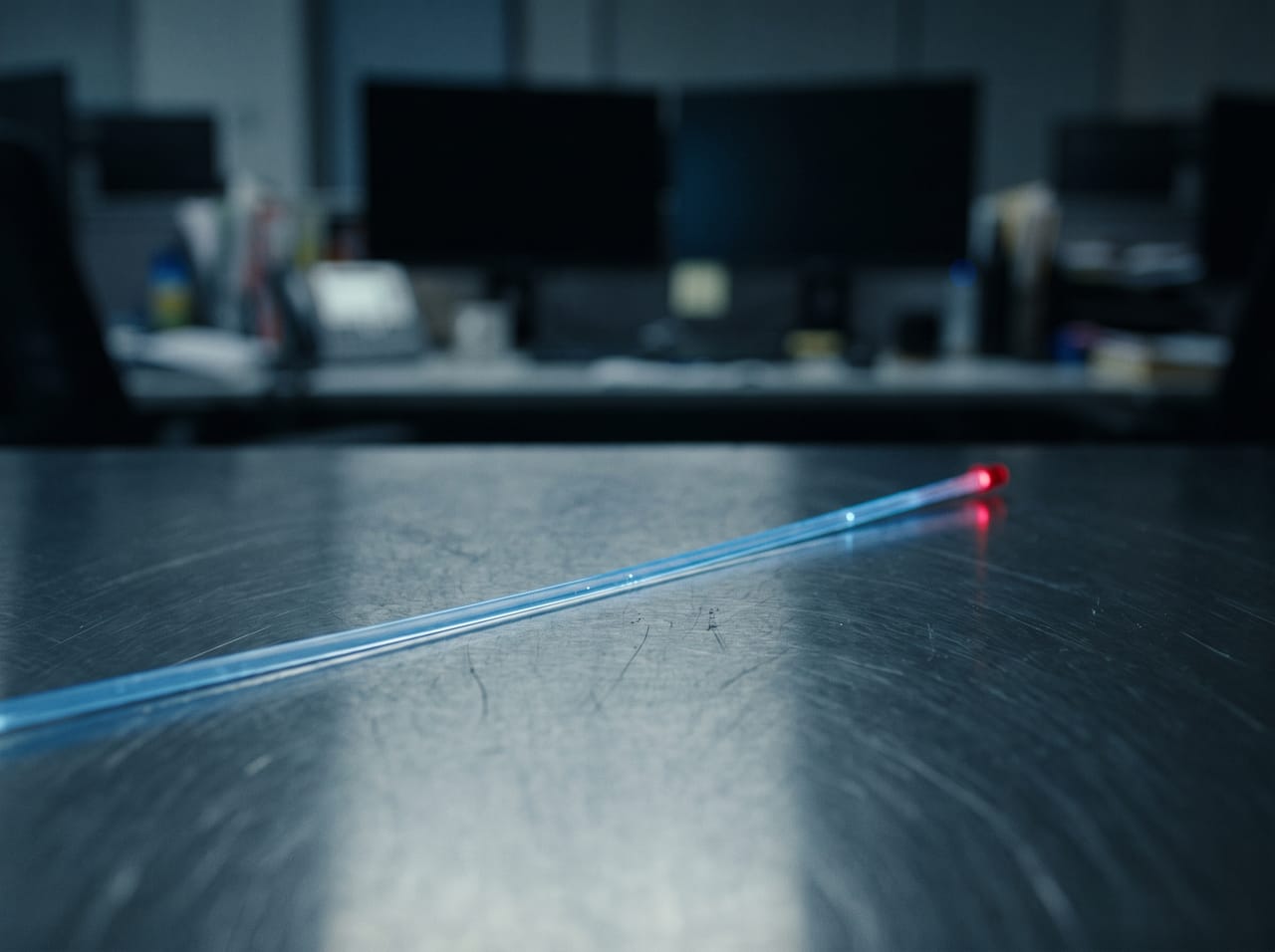 Cable de fibra óptica brillando sobre acero cepillado